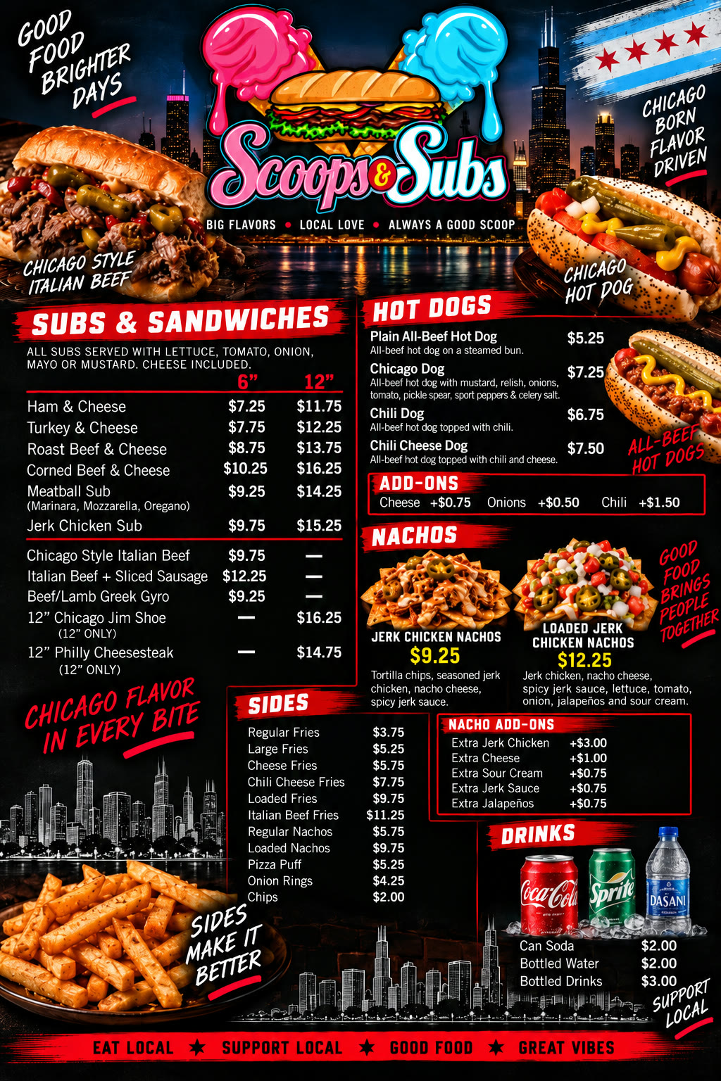 Full Scoops & Subs food menu — subs, sandwiches, hot dogs, nachos, sides and drinks with prices