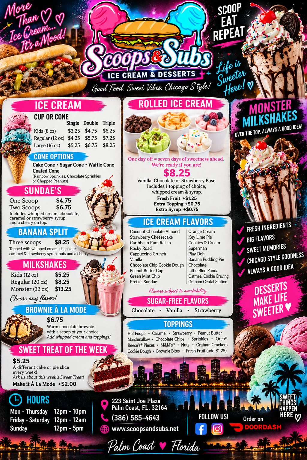 Full Scoops & Subs ice cream and dessert menu — cups, cones, sundaes, rolled ice cream, flavors and toppings with prices