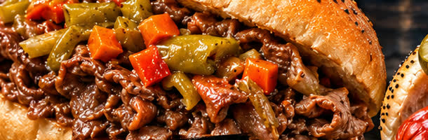 Chicago-style Italian beef sandwich piled high with giardiniera