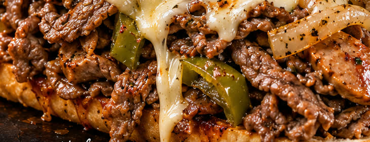 Jim Shoe sandwich stacked with seasoned beef, peppers and melted cheese