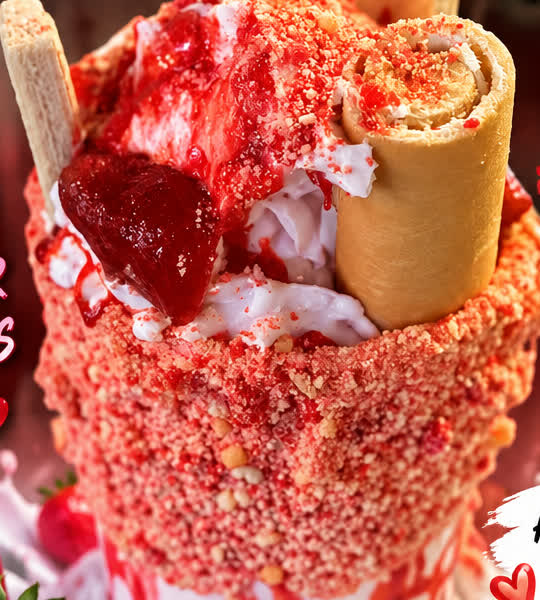Strawberry Sensation Monster Milkshake loaded with rolled ice cream and toppings