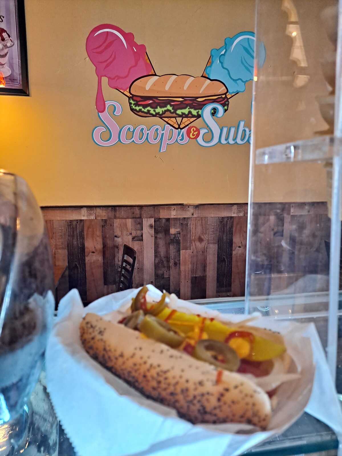 Chicago-style sandwich with peppers and giardiniera